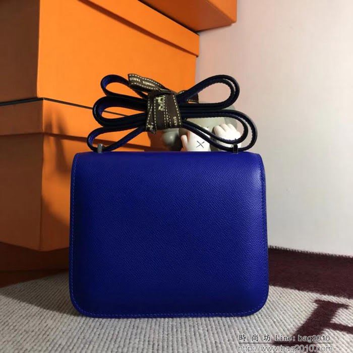 HERMES愛馬仕 空姐包 constance 電光藍 EPSOM 18cm 銀扣 蠟線縫製 單肩斜挎包  Ama1507